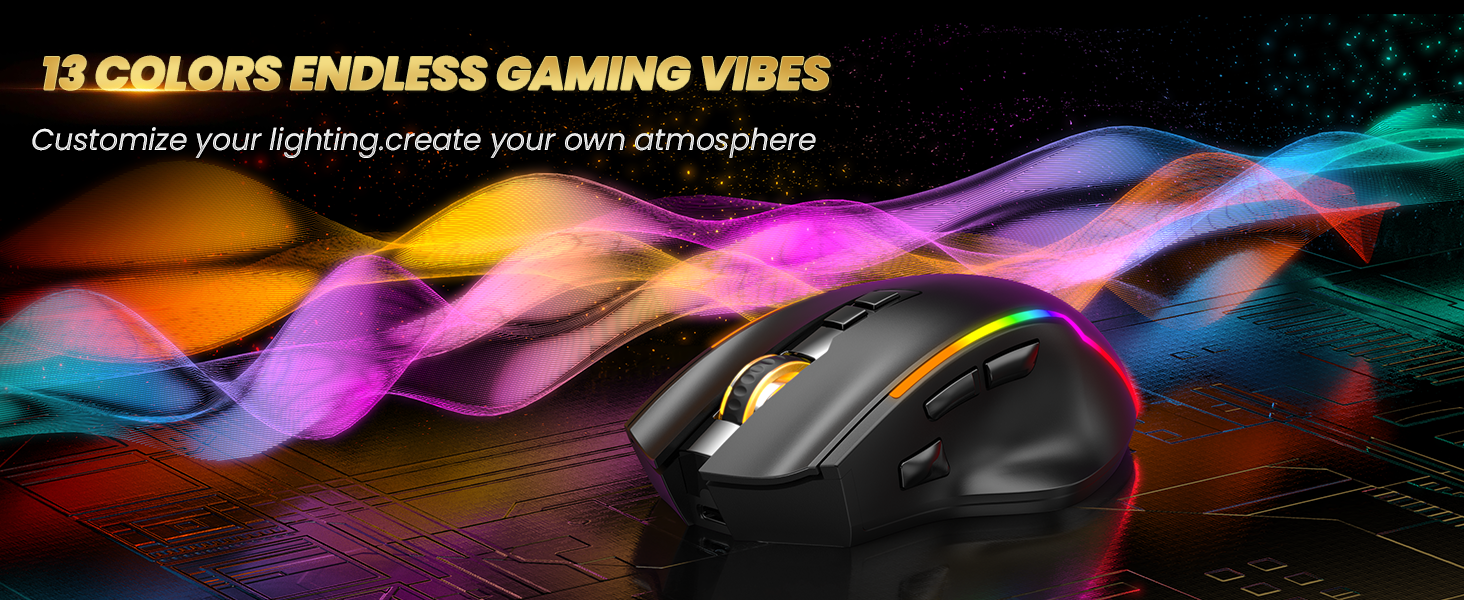 Text reads '13 COLORS ENDLESS GAMING VIBES Customize your nightmares and own atmosphere.' Colorful RGB LED light strips displayed in purple, pink, and blue gradients.