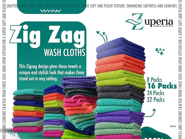 zig zag multicolor washcloth, washcloths for face use, 100% Ring spun cotton multipurpose washcloths