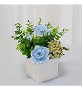 LADADA Artificial Flowers with Small Ceramic Vases, Arranged with Artificial Blue Roses and Green...