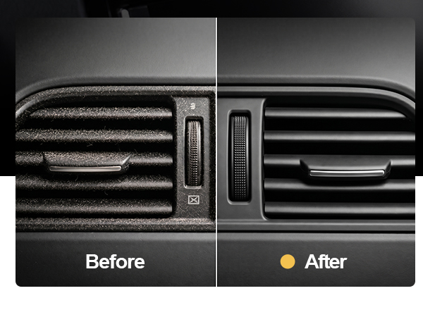 Dust-clogged air vent transformed to factory-new after one pass with car cleaning gel