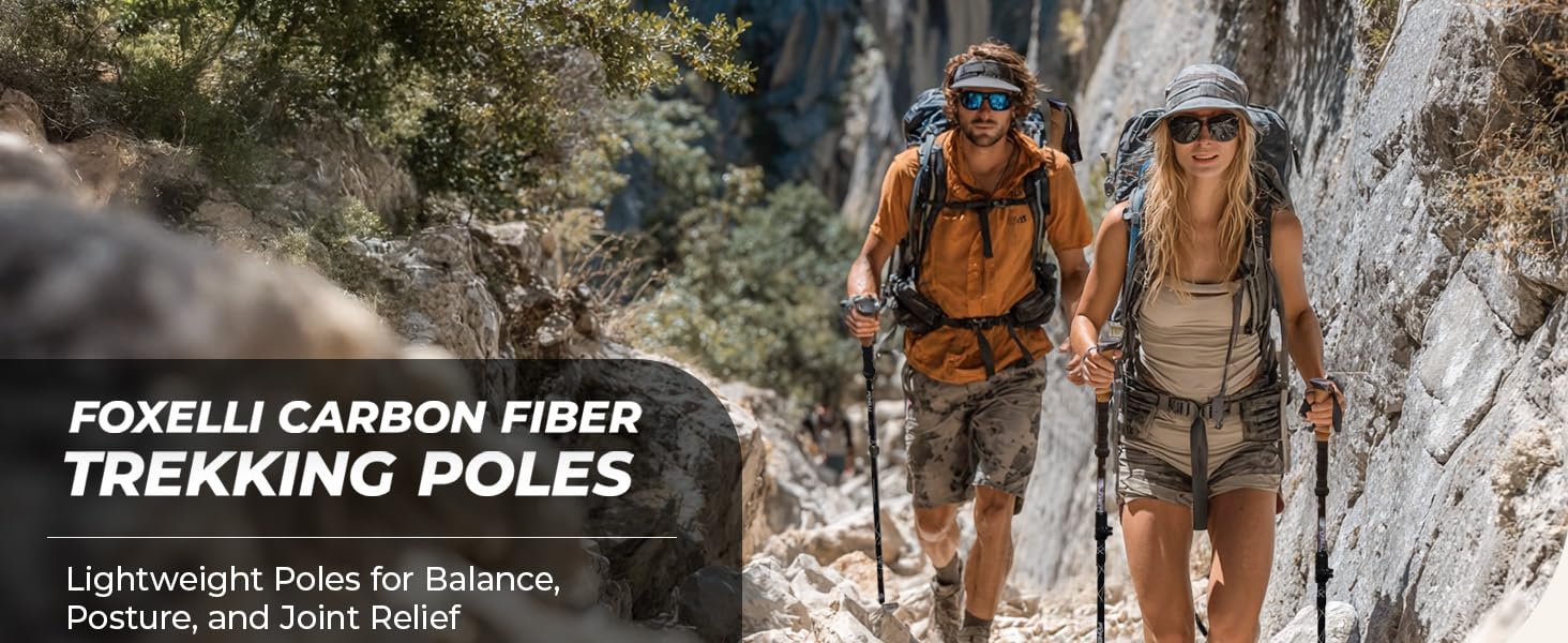 Foxelli 7.6â?¯oz carbon trekking poles on rocky trailâ??lightweight hiking sticks for joint relief