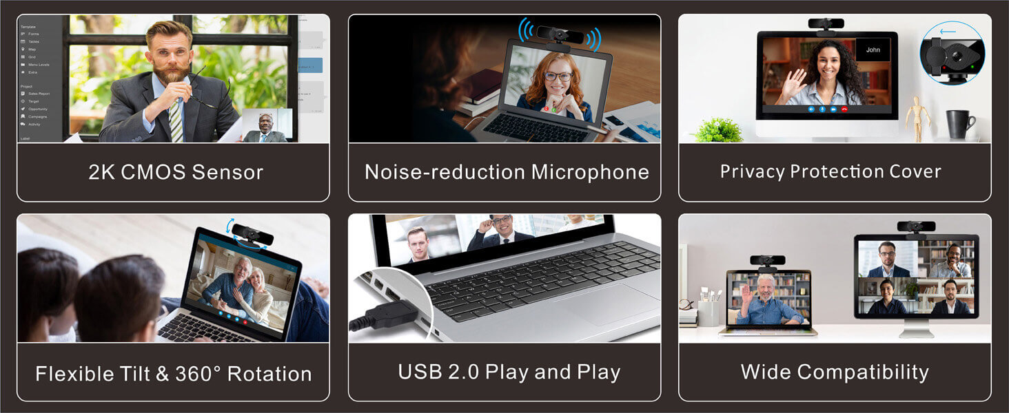 2K Webcam for PC Laptop, 85° View USB Computer Camera with Microphone & Privacy Cove, plug and play