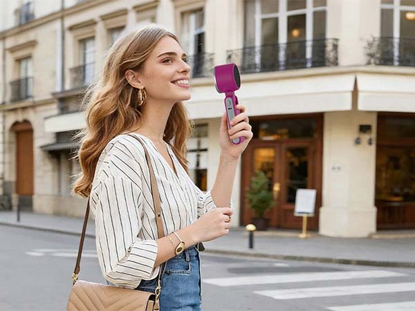 Woman walking in city holding magenta handheld fan stylish mini fan for holiday travel cooling