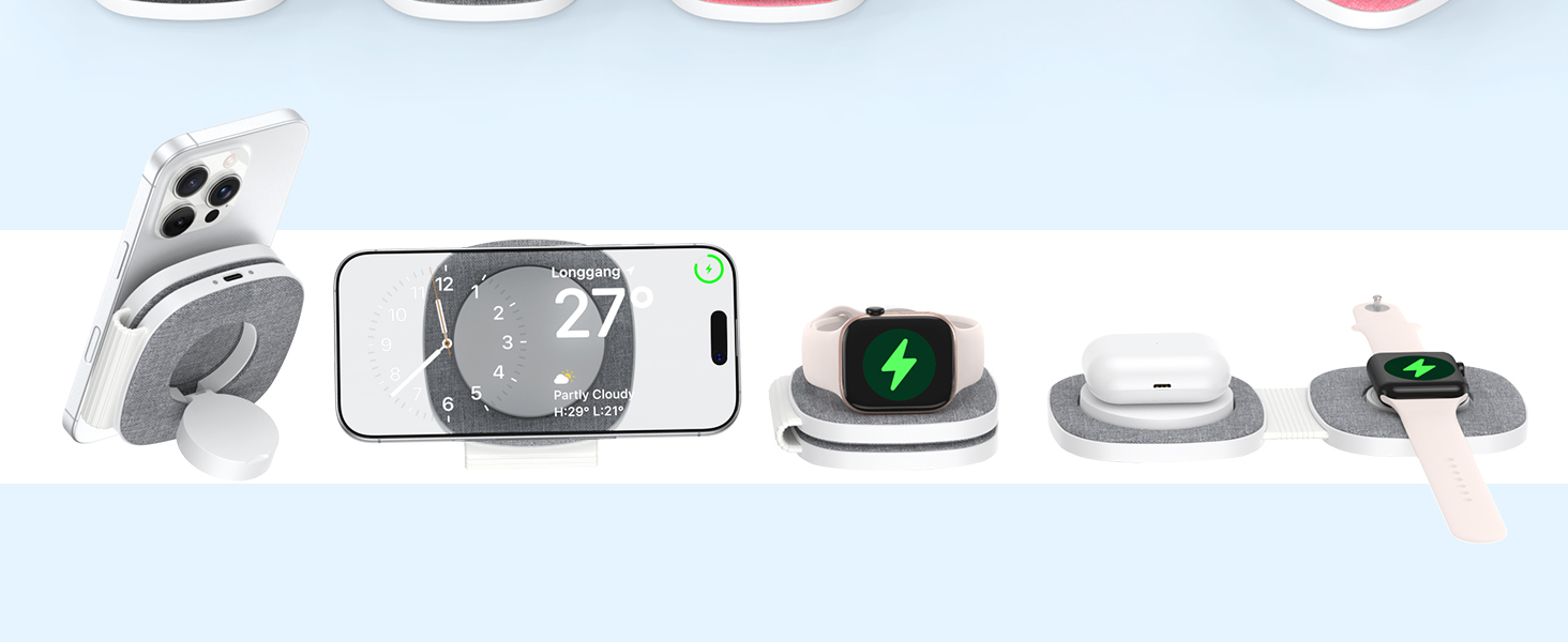 Series of product renderings showing charging station or dock in white/grey color scheme, displayed from multiple angles. Device appears to be designed for electronic device charging or storage.