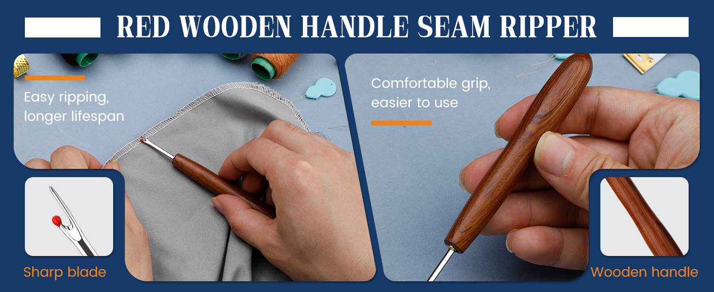 Sharp seam rippers with ergonomic wooden handle