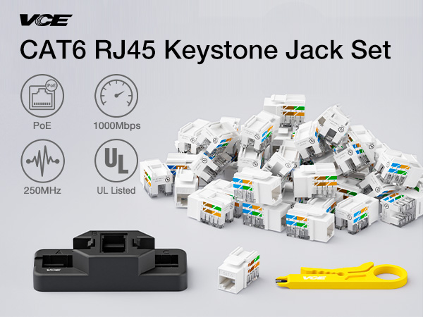 UL-listed cat6 keystone jacks 50 pack with punch down stand tool and wire stripper cutter