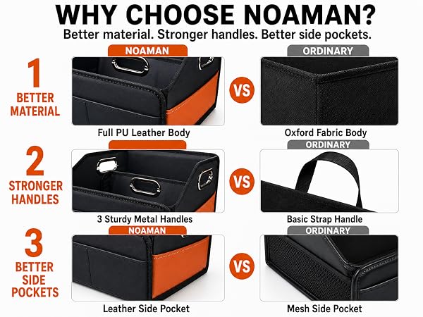PU leather car seat organizer box with metal handles, side pockets, and SUV storage.