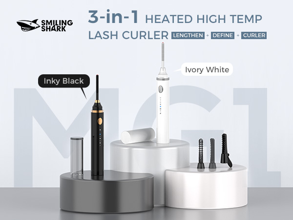 Smiling Shark 3-in-1 heated high temp lash curler in two color options: inky black and ivory white, displayed on circular stands with interchangeable attachments.