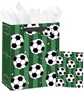 Loveinside Soccer Gift Bag for Kids Boys, Sports Theme Green Field Design with Soccer Balls, Medi...