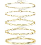 Gokeey Ankle Bracelets for Women Waterproof, 14k Gold Plated Jewelry Set Layered Cuban Figaro Lin...