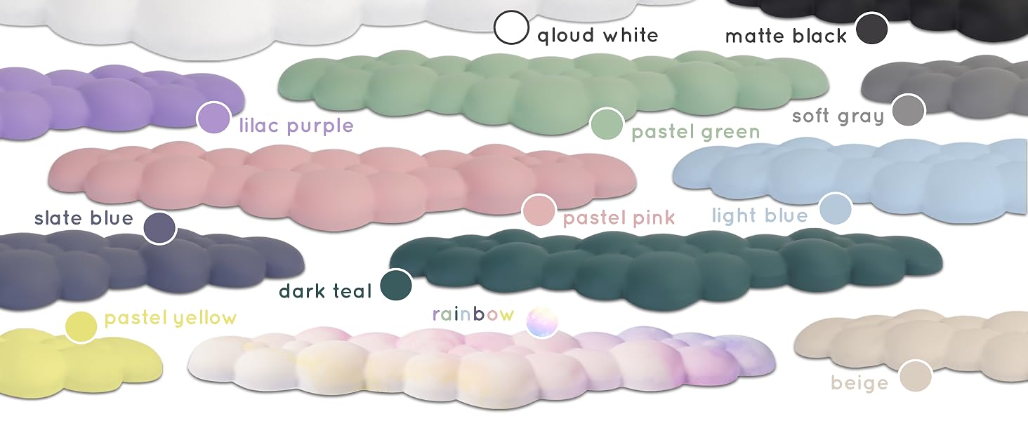 Twelve pastel cloud wrist rests for keyboard and mouse lined up on white background