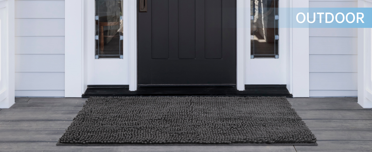 The chenille doormat is outdoors.