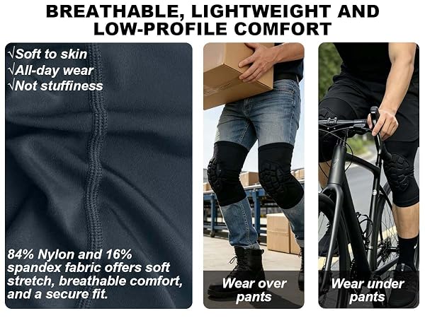 Breathable lightweight knee sleeve can be worn under or over pants, low-profile for all-day wear