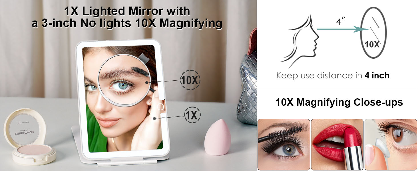 travel mirror with lights and 10X magnification