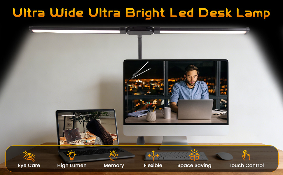 Text reads 'Ultra Wide Ultra Bright Led Desk Lamp'. LED desk lamp with multiple adjustment features shown in use on desk surface.