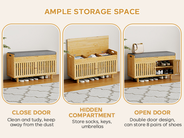 Shoe Storage Bench, Bamboo Entryway Bench with 2 Doors & Padded Seat Cushion
