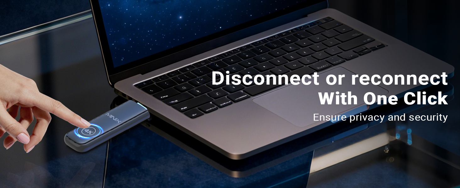 Text reads 'Disconnect or reconnect With One Click'. Multiple connected devices shown with laptop and smartphone displaying sync/connection interface.