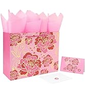 13" Large Rose Pink Gift Bag Set with Greeting Card and Tissue Paper(Foil Traced Flowers) for Cel...