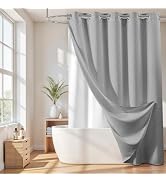 River Dream Grey Cotton Blend Shower Curtain with Snap in Liner, No Hook Heavy Duty Shower Curtai...