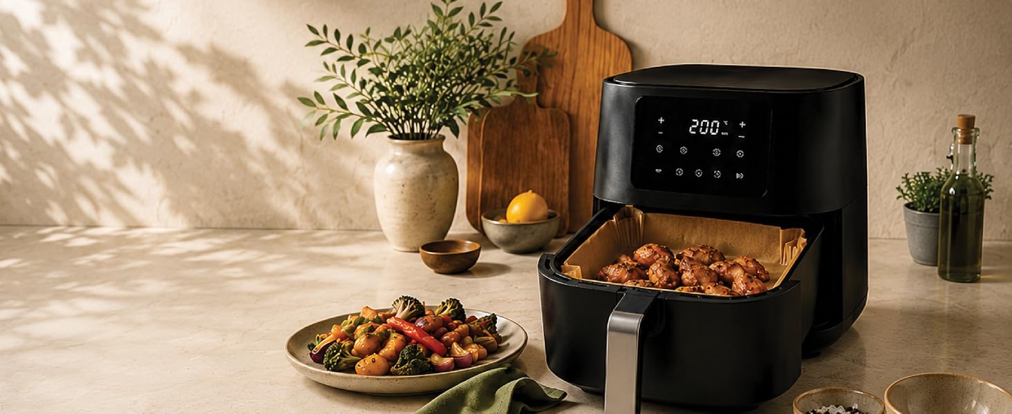 Black air fryer with Oasis Green square parchment paper liner and cooked chicken in a modern kitchen
