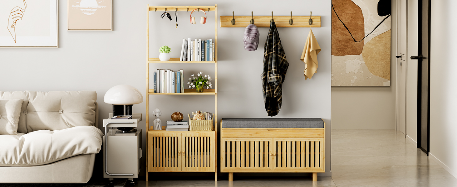 Bookshelf with 2 Doors, 4-Tier Bamboo Ladder Shelf with 6 Hooks, Tall Narrow Bookcase Book Shelf