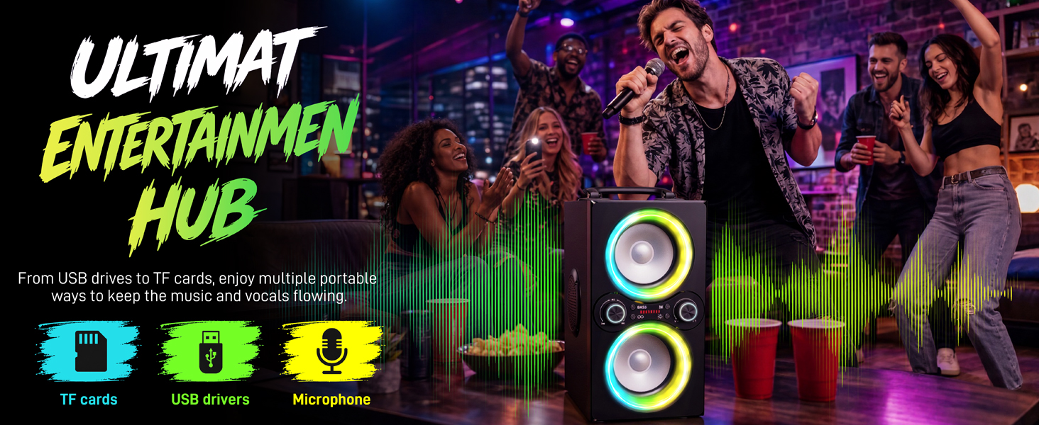 A man sings into a mic at a house party next to a glowing speaker with green soundwaves.