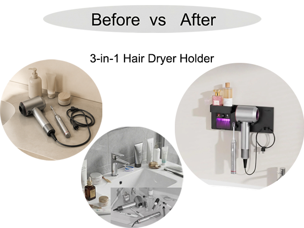 3 in 1 Universal Blow Dryer Holder Rack, Space-Saving Bathroom Storage Organizer
