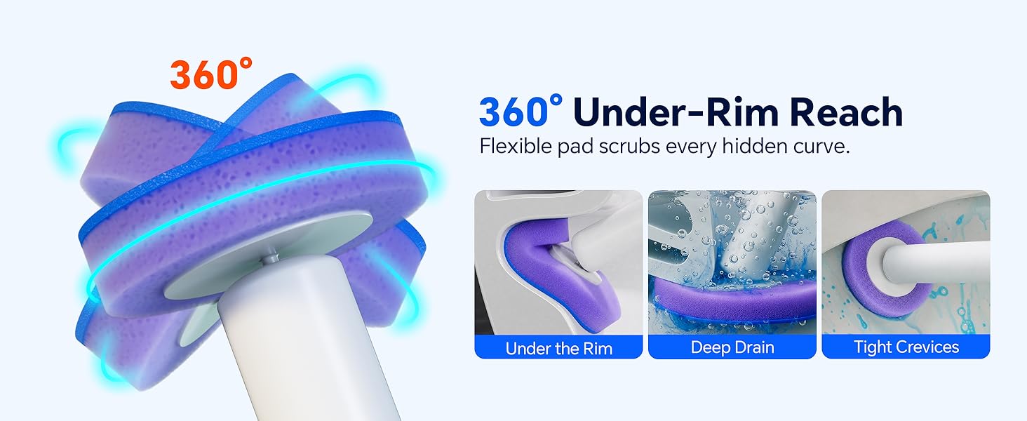 Flexible 360-degree disposable toilet wand pad scrubs hard-to-reach under rim areas easily.