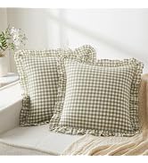 KKJIAF Ruffle Plaid Euro Sham Pillow Covers 20 x 20 Inches, Cotton Gingham Pillow Cases Set of 2,...