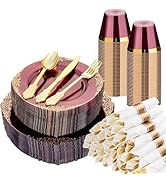 Bestluck 350 PCS Burgundy and Gold Plastic Plates, Disposable Dinnerware Set for 50 Guests, 100 D...