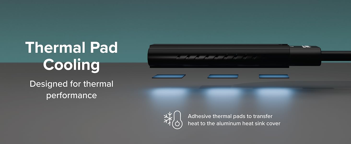 Thermal pad layout for thunderbolt 4 nvme enclosure with heat dissipation illustration and label