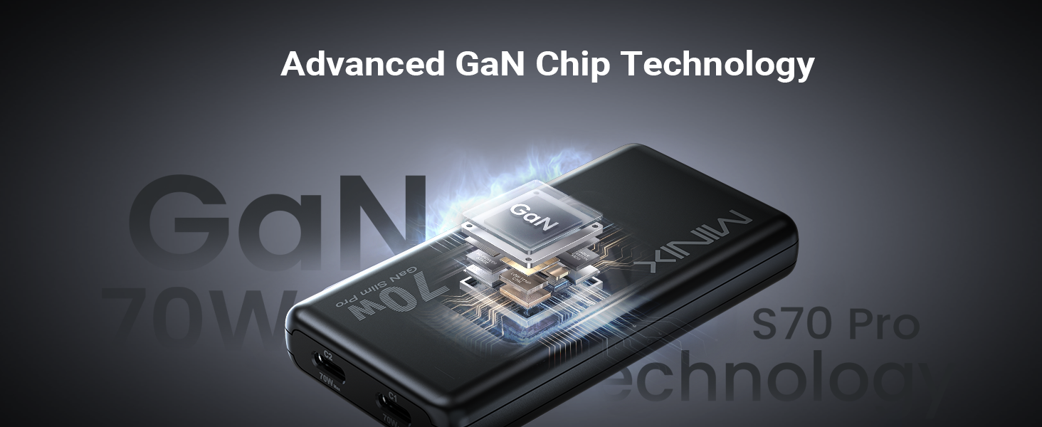 Text reads 'Advanced GaN Chip Technology'. Smartphone displaying integrated circuit architecture and tech specifications against dark background, highlighting advanced processor technology.