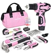 FASTPRO 175-Piece 12V Pink Drill Set, Cordless Lithium-ion Driver and Tool Kit, House Repairing T...