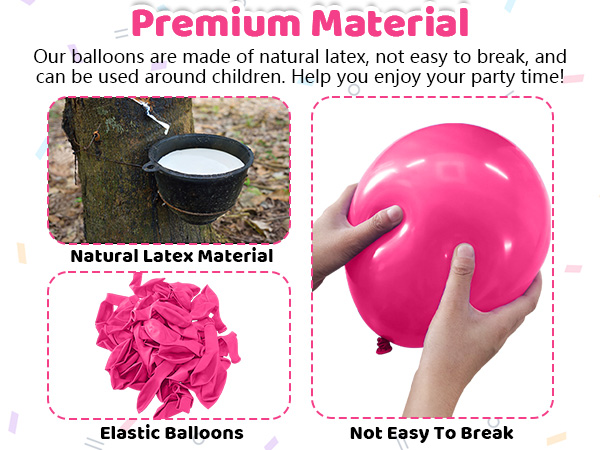 Composite image showcasing natural latex balloons. Features sap collection, deflated pink balloons, and hands stretching a large pink balloon, emphasizing durability and elasticity for party use.
