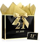 JMANNI 21st Birthday Gift Bag with Card and Tissue Paper for Men Women Him, 13" Elegant Black Gol...