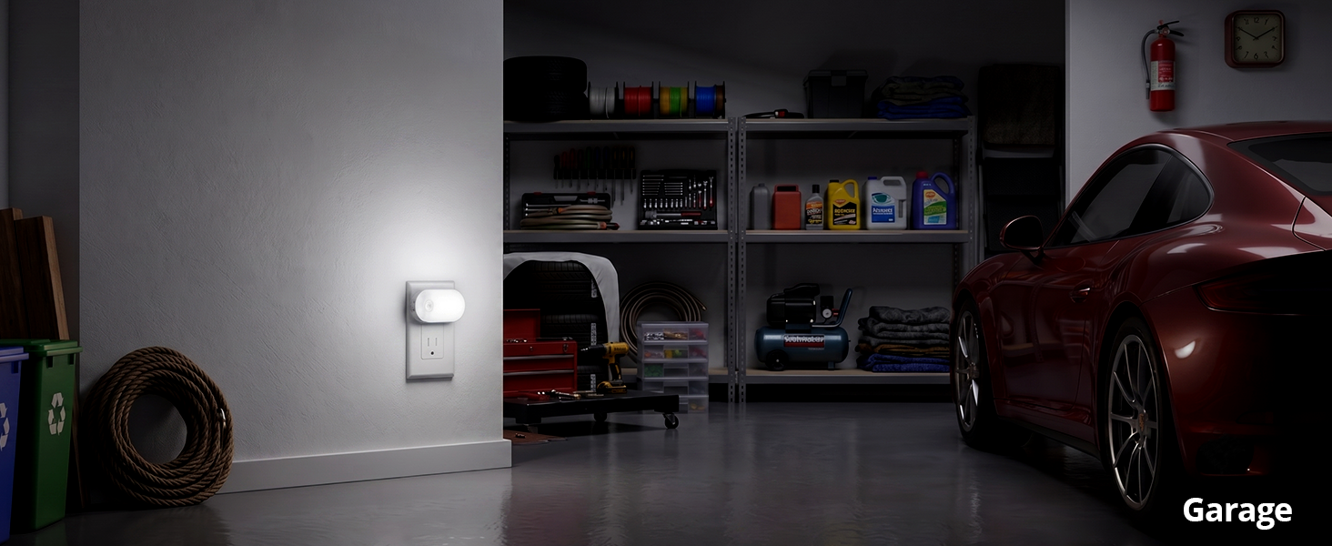 Ultra-bright 120LM plug-in night light for a dark garage.