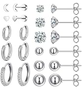11 Pairs Surgical Steel Earrings Sets for Multiple Piercing Lightweight Small Huggie Hoop Earring...