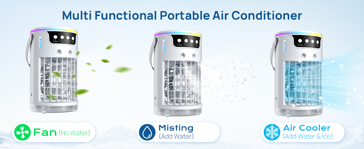 3-speed mini ac portable with icy mist from whisper-quiet breeze to strong turbo wind