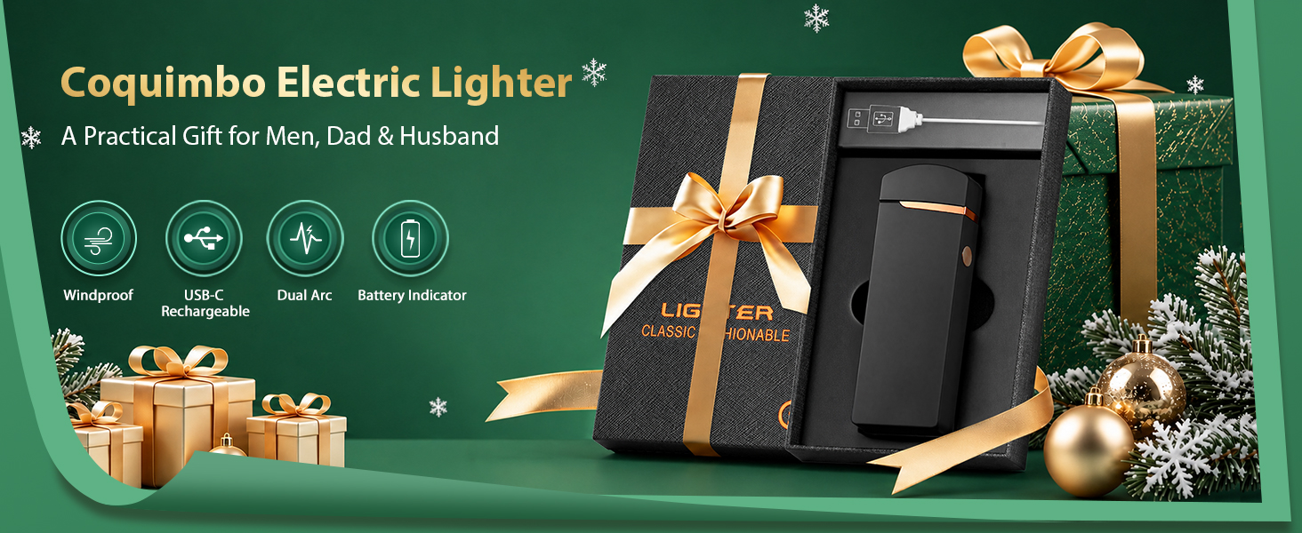 Text reads "Coquimbo Electric Lighter", "A Prefect Gift for Men, Dad & Husband". Black and gold electric lighter displayed with festive holiday gift wrapping and decorations.