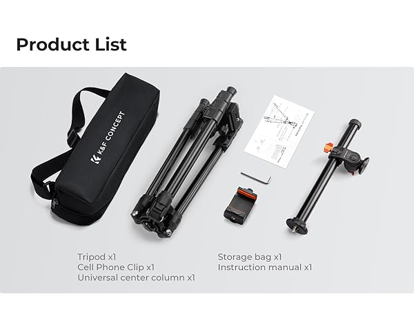 Text reads 'Product List'. Product components layout showing carrying case, mounting hardware, instruction manual, and various accessories in organized arrangement.