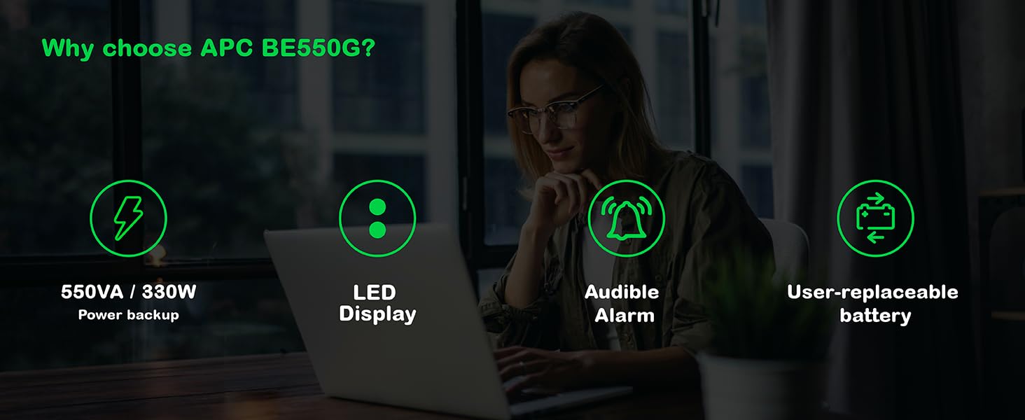 Features of Back-UPS including its wattage, physical features, audible alarms and battery status.