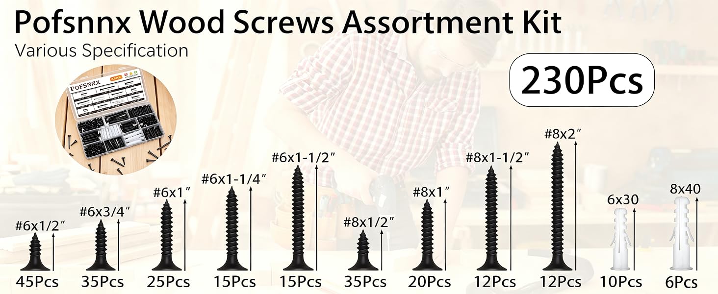 230pcs #6 #8 zinc wood self tapping screws & wall anchors assorted size kit with storage case