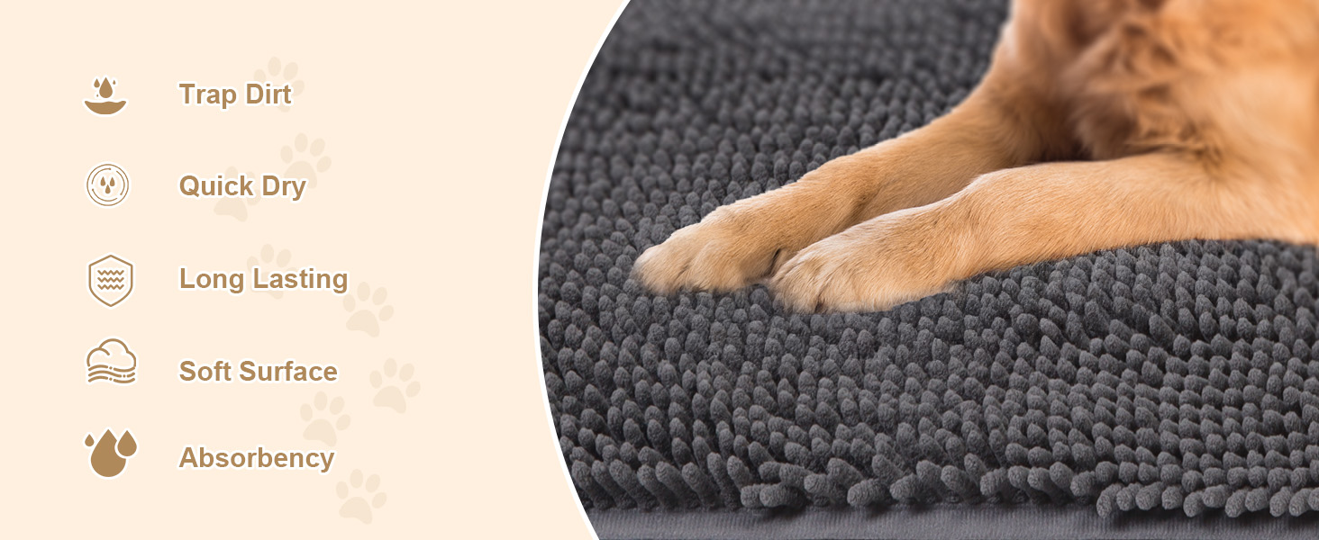 A dog is sitting on the soft chenille dog mats