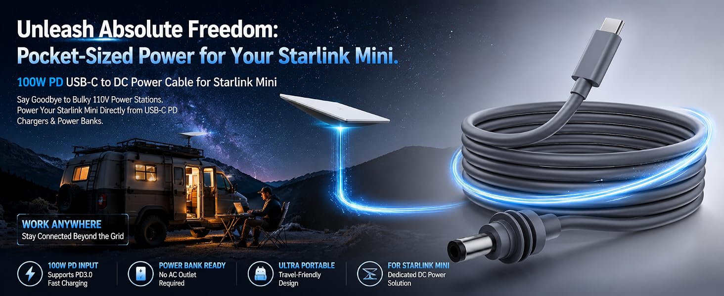 A man working outside his van using a flexible USB-C to DC power cable to run his Starlink Mini