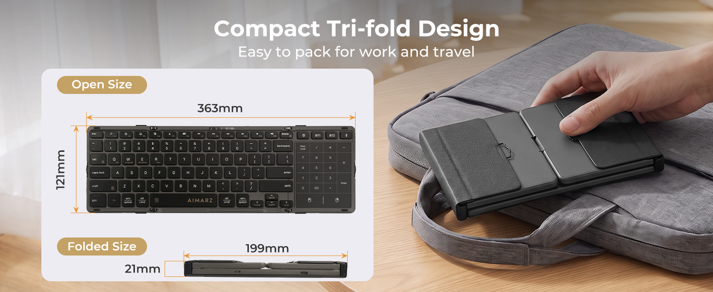 Aimarz AF01 tri-fold keyboard shown open, folded, and packed for work and travel.