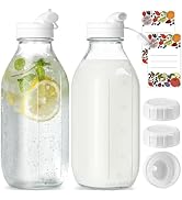 2 Pack Glass Milk Bottle with 2 Dispenser Caps, 100% Airtight Heavy Duty Screw Lid. 32 Oz Reusabl...