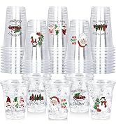 TREWAVE 50Pcs Christmas Cups Disposable 12 OZ Gnome Santa Snowman Truck Xmas Tree Clear Plastic C...
