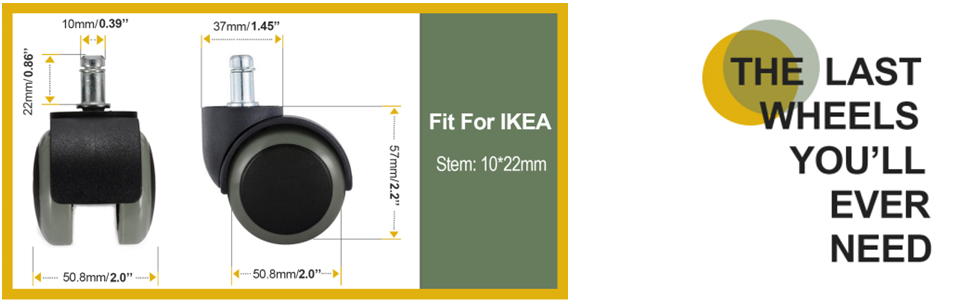 2'' Office Chair Wheels Replacement Heavy Duty Polyurethane Castors with Stem Size 10 X 22 mm