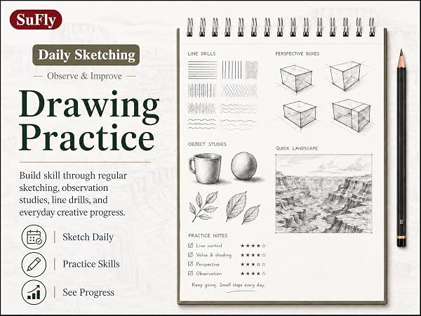SuFly hardcover sketchbook with line drills, perspective, object studies, landscape, and notes.