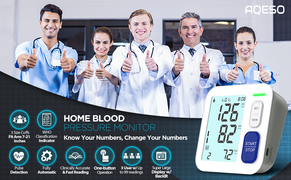 AQESO HOME BLOOD PRESSURE MONITOR 3 SIZE CUFFS, ACCURATE, RELIABLE AND WELL-FITTING